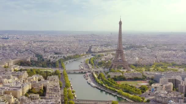 Paris, France - May, 2019: Aerial drone view of historic city center and Eiffel tower — стокове відео