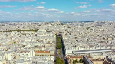 PARIS, FRANCE - MAY, 2019: Aerial drone view of Paris city centre. Historical part of the city with sights.