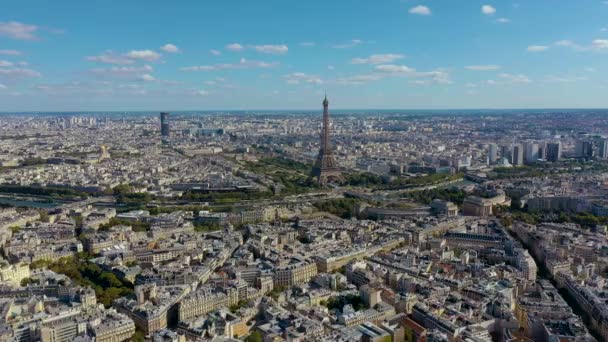 PARIS, FRANCE - MAY, 2019: Aerial drone view of Eiffel tower and historical city centre from above.