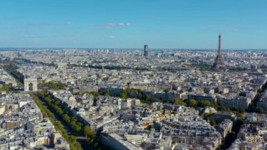 PARIS, FRANCE - MAY, 2019: Aerial drone view of Eiffel tower and historical city centre from above.
