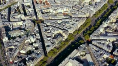 PARIS, FRANCE - MAY, 2019: Aerial drone view of Paris city centre. Historical part of the city with sights.