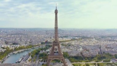 PARIS, FRANCE - MAY, 2019: Aerial drone view of Eiffel tower and historical city centre from above.