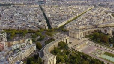 PARIS, FRANCE - MAY, 2019: Aerial drone view of the Chaillot palace and Trocadero garden near the Eiffel tower.