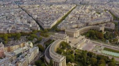 PARIS, FRANCE - MAY, 2019: Aerial drone view of the Chaillot palace and Trocadero garden near the Eiffel tower.
