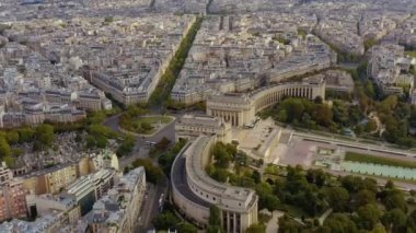 PARIS, FRANCE - MAY, 2019: Aerial drone view of the Chaillot palace and Trocadero garden near the Eiffel tower.