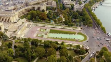 PARIS, FRANCE - MAY, 2019: Aerial drone view of the Chaillot palace and Trocadero garden near the Eiffel tower.