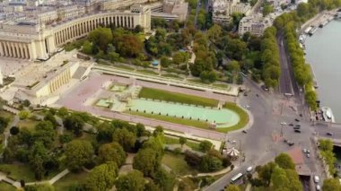 PARIS, FRANCE - MAY, 2019: Aerial drone view of the Chaillot palace and Trocadero garden near the Eiffel tower.