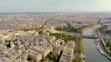 PARIS, FRANCE - MAY, 2019: Aerial drone view of Paris city centre. Historical part of the city with sights.
