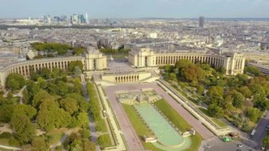 PARIS, FRANCE - MAY, 2019: Aerial drone view of the Chaillot palace and Trocadero garden near the Eiffel tower.