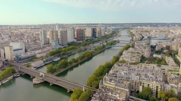 PARIS, FRANCE - MAY, 2019: Aerial drone view of the modern architecture district on Seine riverside in city centre. — Stockvideo