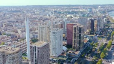 PARIS, FRANCE - MAY, 2019: Aerial drone view of the modern architecture district on Seine riverside in city centre.