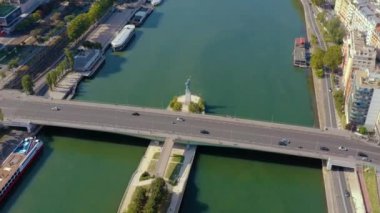 PARIS, FRANCE - MAY, 2019: Aerial drone view of the Seine riverside with bridges.