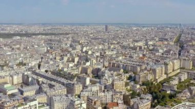 PARIS, FRANCE - MAY, 2019: Aerial drone view of Paris city centre. Historical part of the city with sights.