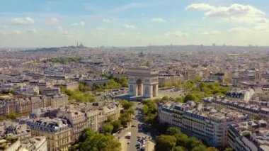 PARIS, FRANCE - MAY, 2019: Aerial drone view of Paris city centre. Historical part of the city with sights.