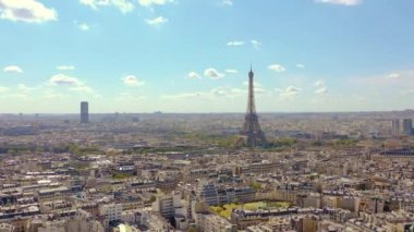 PARIS, FRANCE - MAY, 2019: Aerial drone view of Eiffel tower and historical city centre from above.