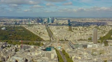 PARIS, FRANCE - MAY, 2019: Aerial drone view of Paris city centre. Historical part of the city with sights.
