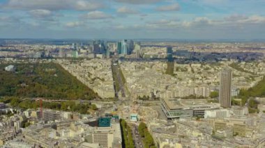 PARIS, FRANCE - MAY, 2019: Aerial drone view of Paris city centre. Historical part of the city with sights.