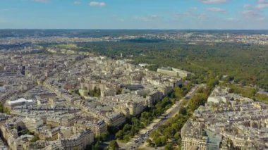 PARIS, FRANCE - MAY, 2019: Aerial drone view of Paris city centre. Historical part of the city with sights.
