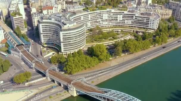 PARIS, FRANCE - MAY, 2019: Aerial drone view of the modern architecture district on Seine riverside in city centre. — Wideo stockowe