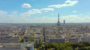 PARIS, FRANCE - MAY, 2019: Aerial drone view of Paris city centre. Historical part of the city with sights.