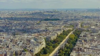PARIS, FRANCE - MAY, 2019: Aerial drone view of Paris city centre. Historical part of the city with sights.
