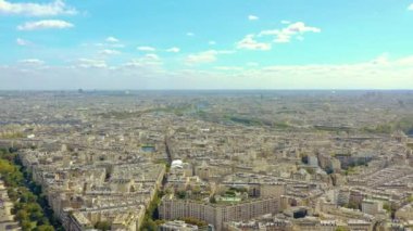 PARIS, FRANCE - MAY, 2019: Aerial drone view of Paris city centre. Historical part of the city with sights.