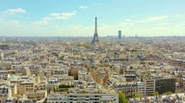 PARIS, FRANCE - MAY, 2019: Aerial drone view of Eiffel tower and historical city centre from above.