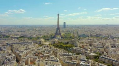 PARIS, FRANCE - MAY, 2019: Aerial drone view of Eiffel tower and historical city centre from above.