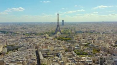 PARIS, FRANCE - MAY, 2019: Aerial drone view of Eiffel tower and historical city centre from above.