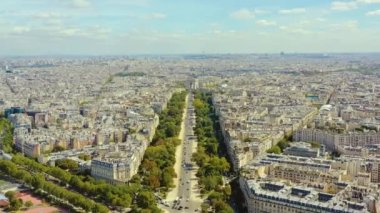 PARIS, FRANCE - MAY, 2019: Aerial drone view of Paris city centre. Historical part of the city with sights.