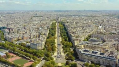 PARIS, FRANCE - MAY, 2019: Aerial drone view of Paris city centre. Historical part of the city with sights.