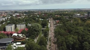 PALANGA, LITHUANIA - JULY, 2019: Aerial panorama view of the populous main street and cityscapes of Palanga.