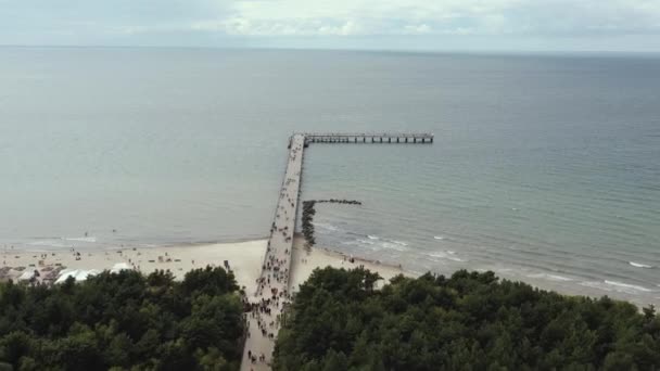 PALANGA, LITHUANIA - JULY, 2019: Aerial panorama view of people walking on the bridge of Palanga, sand beach and sea. — 비디오