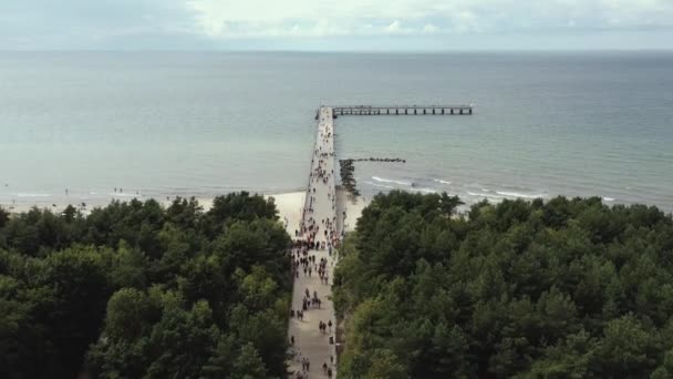 PALANGA, LITHUANIA - JULY, 2019: Aerial panorama view of the famous pier of the Baltic coast in Palanga and sea view. — Stockvideo