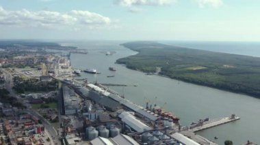 KLAIPEDA, LITHUANIA - JULY, 2019: Aerial panorama view of the port of Klaipeda and seascape of Baltic sea.