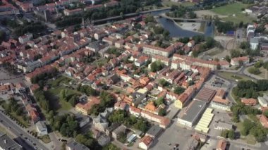 KLAIPEDA, LITHUANIA - JULY, 2019: Aerial panorama view of the old city centre of Klaipeda with Dane river shore.