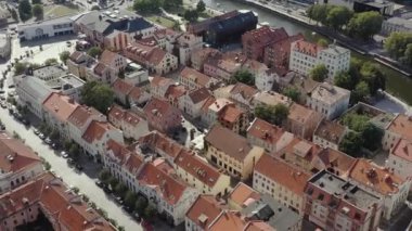 KLAIPEDA, LITHUANIA - JULY, 2019: Aerial panorama view of the old city centre of Klaipeda with Dane river shore.
