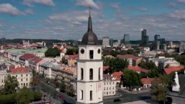 VILNIUS, LITHUANIA - JULY, 2019: Aerial view of the Bell tower - tower lower castle, on the cathedral square in Vilnius.