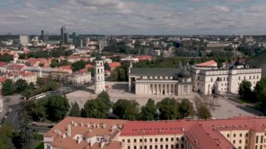 VILNIUS, LITHUANIA - JULY, 2019: Aerial view of the Cathedral square with Bell tower and lower castle in Vilnius.