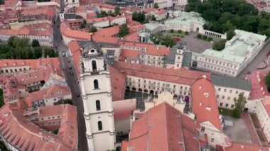 VILNIUS, LITHUANIA - JULY, 2019: Aerial view of the Bell tower of St. Johns church and courtyard of Vilnius University.