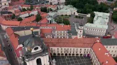 VILNIUS, LITHUANIA - JULY, 2019: Aerial view of the Bell tower of St. Johns church and courtyard of Vilnius University.