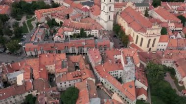 VILNIUS, LITHUANIA - JULY, 2019: Aerial top view of the Bell tower near St. Johns church and presidential residence.