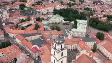 VILNIUS, LITHUANIA - JULY, 2019: Aerial top view of the Bell tower near St. Johns church and presidential residence.