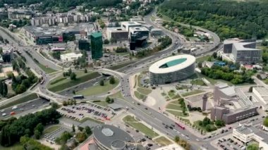 VILNIUS, LITHUANIA - JULY, 2019: Aerial view of the road ring and circular motion in the business district in Vilnius.