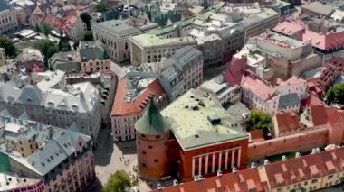 RIGA, LATVIA - MAY, 2019: Aerial view of the Powder tower from the old city fortification system in old city of Riga.