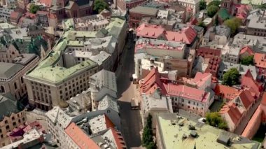 RIGA, LATVIA - MAY, 2019: Aerial panorama view of the roofs of the old city centre of Riga near Dome cathedral.