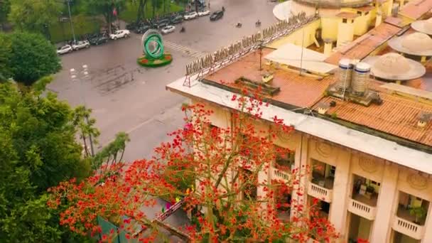 HANOI, VIETNAM - KWIECIEŃ, 2020: Widok z lotu ptaka na dachy domów i drzewo w jednej z dzielnic miasta Hanoi. — Wideo stockowe