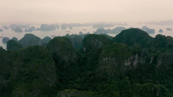 HALONG BAY, VIETNAM - ABRIL, 2020: Vista panorâmica aérea de ilhas de pedra com florestas tropicais de Halong Bay, no Vietnã . — Vídeo de Stock