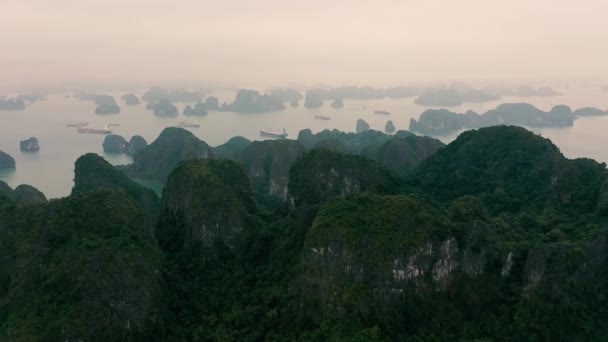 HALONG BAY, VIETNAM - ABRIL, 2020: Vista panorâmica aérea de ilhas de pedra com florestas tropicais de Halong Bay, no Vietnã . — Vídeo de Stock
