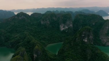 HALONG BAY, VİETNAM - Nisan 2020: Vietnam 'da Halong Körfezi yağmur ormanlarıyla kaplı taş adaların hava manzarası.